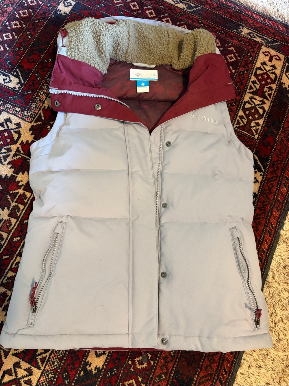 Columbia Gray Quilted Vest with Burgundy Hood
